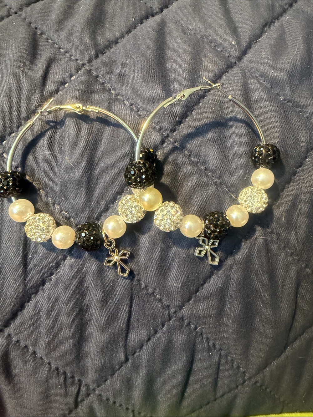Pearl & Black Bead Hoop Earrings with Cross Charm